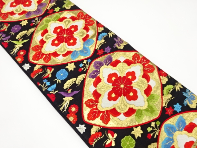 アンティーク　菱華紋に鳳凰・蝶・草花模様織り出し袋帯（着用可）